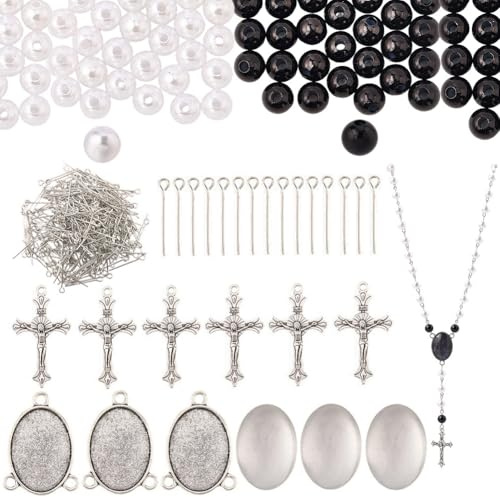 SUNNYCLUE 790 Stück DIY 6 Sets Rosenkranz Bastelset Kruzifix Anhänger Kreuz Anhänger Lünette Anhänger Tabletts Mit Glaskuppel Weiße Kunstperlen Rosenkranzkreuze Für Frauen Männer Gedenkgeschenke Feier