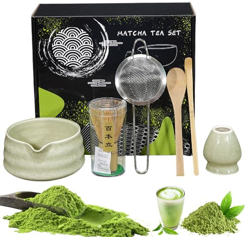 AXVRAV 6-delat japanskt matcha-set, matcha-skål med pip, matcha kvast filtersil sked kvasthållare och mer, snyggt teset för nybörjare och matcha-älskare (matcha)
