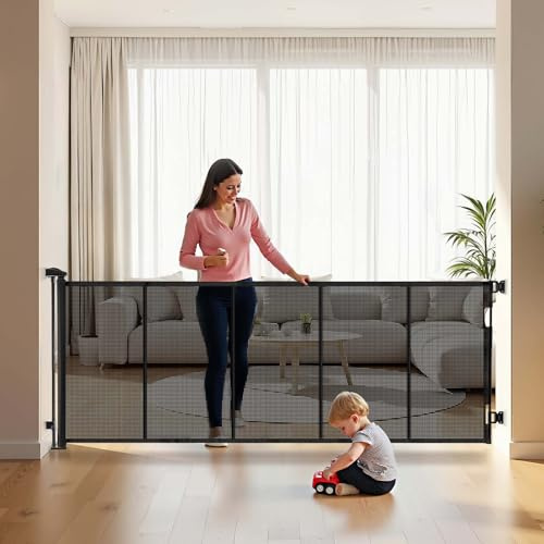 VEVOR Barrière de Sécurité Extensible, Clôture en Maille Jusqu’à 310 cm de Large et 79,5 cm de Haut, Barrière Rétractable avec Bandes Renforcées en Fibre de Verre, pour Couloir Escalier Porte, Noir