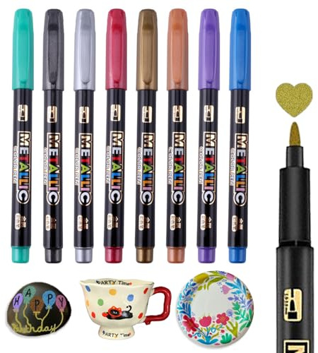 Caelura 8 Metallic Farben Porzellanstifte Spülmaschinenfest, Porzellanfarbe Spülmaschinenfest für Keramik Bemalen, Glasmalstifte, Keramik Stifte für Glas Stein Tassen Porzellan Bemalen