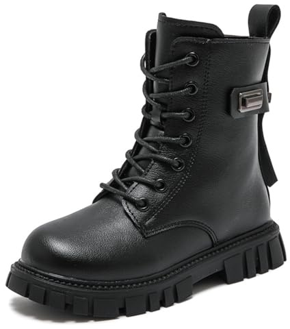 BANGTEUO Lace Up Ankle Boots For Girls Leather Combat Riding Boots Side Zipper Punk Goth Lug Sole Ankle Booties With Metal Buckle Decor For Dressy Birthday Daily Causal 4-11 Years (Black,13)