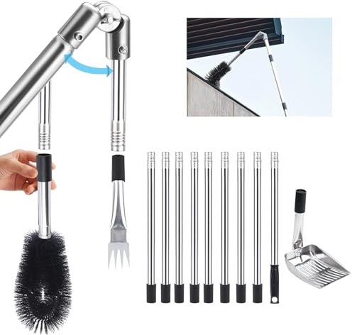 Gutter Cleaner 4.4M Telescopic Roof Gutter Cleaning Tools Kit with Adjustable Angle Pole Gutter Brush Scoop Rake, for Removing Leaves, Debris & Spider Webs from Gardens Ditches Villas Townhouses 13Pcs