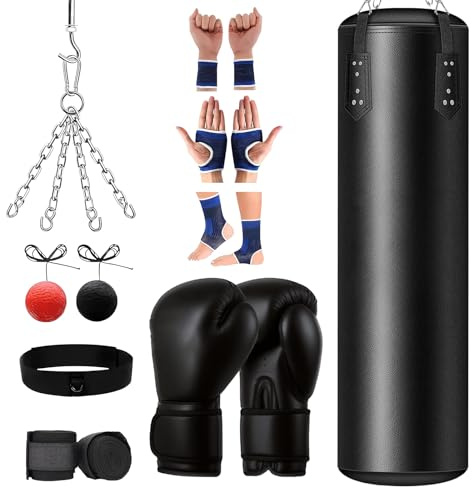 Set de Saco de Boxeo 120 cm para Adultos con Guantes, Kit de Protecciones Azules, Pelota de Reacción, Cadena y Gancho - Equipo Completo para Entrenar en Casa, Gimnasio, Kickboxing, Muay Thai, Karate