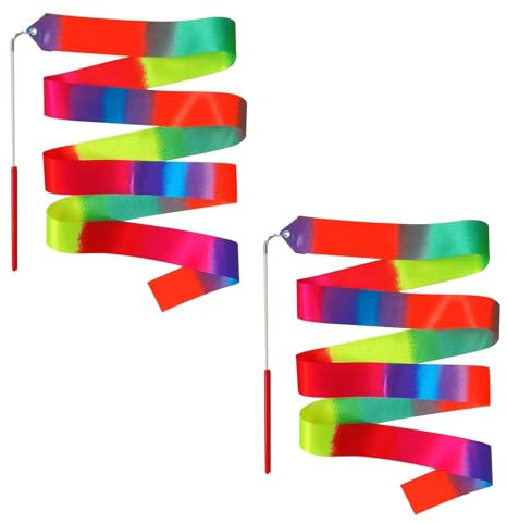 Harnovlis 2 Pcs Rhythmic Dance Ribbons, 2M Dance Streamers for Kids & Adults, Ideal for Artistic Dancing, Circus Shows, Baton Twirling (Rainbow)