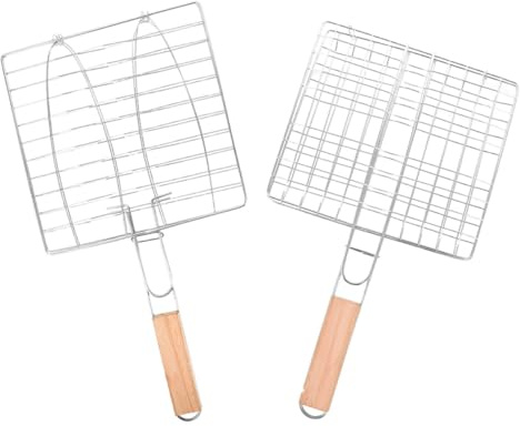 SEWACC Lot de 2 Paniers à Griller pour Poisson en Acier Inoxydable avec Poignée en Bois, Filet Antiadhésif Pliable, Accessoires de Barbecue Portables Cuisine Extérieure et Camping