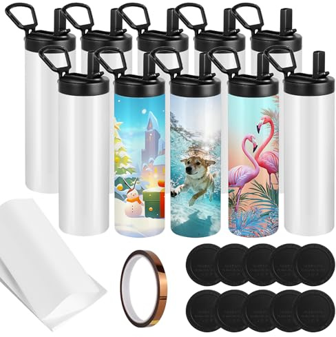 10 Pack Sublimation Tumblers Flat Edge Blanks Skinny Straight 590 ml, Stainless Steel Double Wall Insulated Sublimation Water Bottles with Portable Handle & Straw Lids for Heat Transfer, White (10)