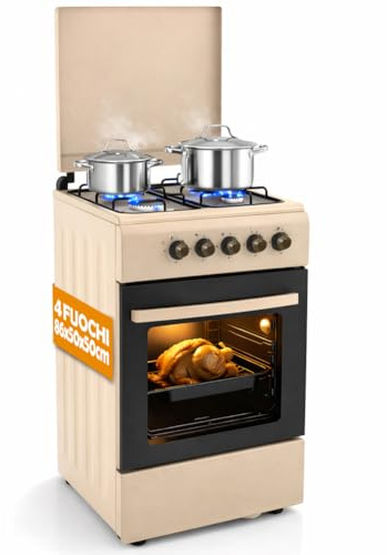 BAKAJI Cucina da Esterno Alimentazione a Gas con Forno e 4 Fuochi, Cucinino con Bruciatori e Griglie Rimovibili in Ghisa con Mobile e Accensione Ergonomica, Ideale per Esterni ed Interni (Beige)