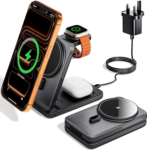 KPON 3 in 1 Wireless Charging Station for Apple, Foldable Magnetic Fast Charger Stand for iPhone Air/17/16/15/14/13/12, AirPods Pro 3 2 Apple Watch (20W Adapter Included) Dark gray