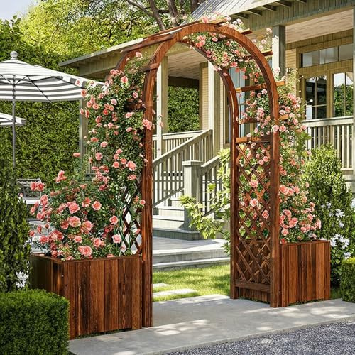 TRAGLO Gartenbogen aus Holz mit Pflanzkästen, Rosenbogen für Draußen, Torbogen Garten mit Rankgitter für Kletterpflanzen Und Rosen, Dekorativer Torbogen für Gartenpartys(Braun,120x44x218cm)