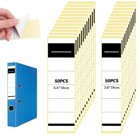 Tuxvealu 100 Pcs Raccoglitori Autoadesivi, Vuoto Etichette Adesive per Faldoni, Compatibili con Stampanti Laser e Inkjet, per Faldoni Ufficio, Archivio, Scuola e Laboratorio5,4 x 19 cm e 3,6 x 19 cm