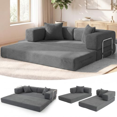 Vipbear 2 Seater Boneless Sofa Bed,Folding Lounge Compressed Couch Grey | 5-in-1 Double Sofa Bed for Adults|Modular Loveseat Couch|Vacuum Packed Sofa|Corduroy Fabric|160cm Fixed-Shape Frame|Bedroom