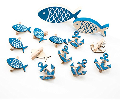 Logbuch-Verlag Set 14 molletta Decorativa Forma di Pesce Ancora Azzurro Blu Bianco Legno Decorazione Marittima Bagno Festa Tavolo