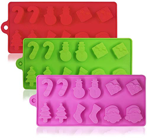 Lot de 3 Moule à chocolat de Noël, Yucool Moule en Silicone Noel,moule à bonbons, cire fondue en forme de bonhomme de neige, chaussettes, Père Noël, sapins de Noël