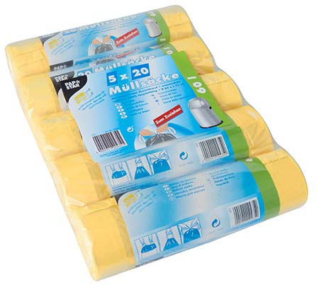 PAPSTAR 100 Müllsäcke zum Zuziehen, HDPE 60 l 71 cm x 64 cm gelb, Sie erhalten 100 Stück