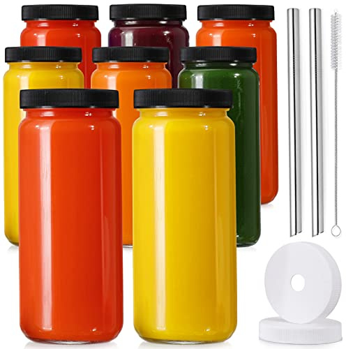 8 Pack Glass Juice Bottles with 8 Airtight Lids & 2 Straw Hole Lids & 2 Straws - 16OZ Travel Juicing Jars, Drinking Water Cups - Reusable Tall Mason Jar for Juice, Bubble Tea, Smoothie, Kombucha