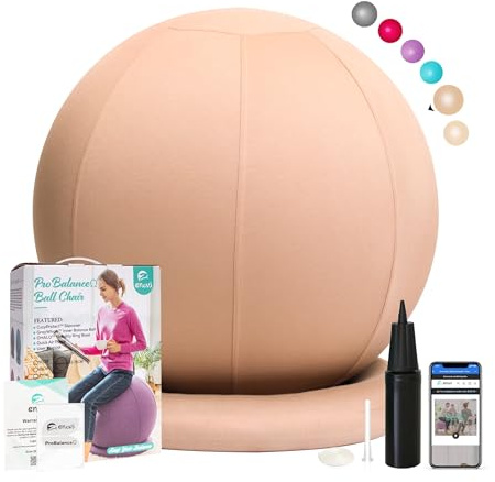 Enovi ProBalanceΩ Chaise ballon de yoga avec housse confortable et base de stabilité pour bureau et maison, siège de ballon pour soulager les douleurs dorsales, 75 cm, WB