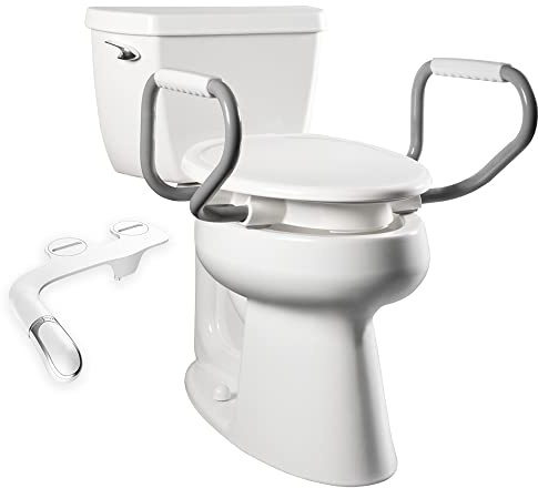 Bemis Assurance 3 Raised Toilet Seat with Handles and Bidet Attachment, Clean Shield Guard, Secure Hinges, Elongated, White