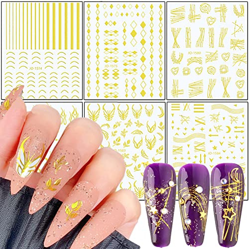 Gold Nail Art Stickers, 3D Self-Adhesive Decals - Wave Line Chains Flame Stars Flowers Leaf Sticker for Women Manicure Charms Decorations DIY Glitter Transfer Tips