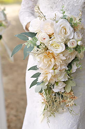 Ansofi Mazzi di nozze per la sposa Mazzi a cascata per la sposa Rosa Beige Bouquet da sposa artificiale per Boho Rustico Cerimonia di nozze Anniversario