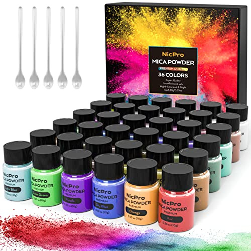 Nicpro Mica Powder, 36 Colours x 10 g Pearlescent Epoxy Resin Pigment Metallic Powder for Epoxy Resin, Soap Paint, Jewellery Making, Nail Polish, Candle Making, Bath Bombs, Slime