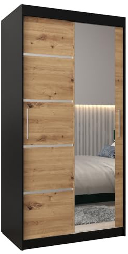 MEBLE KRYSPOL Kleiderschrank mit Spiegel Verona 2 - Garderobenschrank - Schrank Schlafzimmer - Mehrzweckschrank Zwei Schiebetüren - Regalen - Flur Möbel - Kleiderstange Schrank - Allzweckschrank