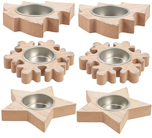 jojofuny 6 Stück Teelichthalter Weihnachten Holz Stern Schneeflocke Weihnachtsbaum Votivkerzenständer Weihnachtskerzenhalter Tasse Tischaufsatz