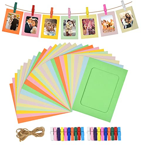30 Piezas Marcos de Fotos de Papel Kraft con Clips de Madera y Cordel Set, 6x4 Pulgadas Marco de Imágenes de Cartón, Fotos Álbum Colgante para Hogar Colegio Oficina Pared DIY Decoración (Vistoso)