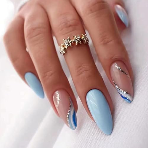 Handcess Almond False Nails Blue Press on Nails Wavy Lines Fake Nails Oval Medium Stick on Nail for Women and Girls 24 Pcs