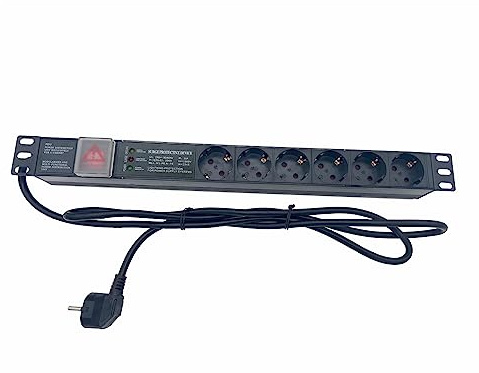 Steckdosenleiste Stromverteiler mit Schalter, 6-Fach Schutzkontaktsteckdose, 1,8 m Zuleitung, 19“ Zoll Steckdosenleiste, 1HE, Rack, Schuko