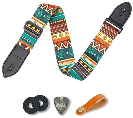 CANTUS Gitarrengurt für Bass-, Akustik-, E-Gitarren mit 2 Gurtverriegelungsknöpfen, 1 Kopfplattenband, 1 Metallplektrum, bunter Typ