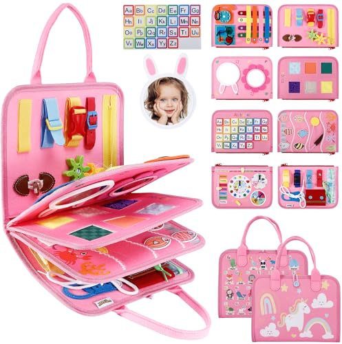 JHkim Busy Board for Toddlers, Montessori Toys for 1 2 3 4 Year Old Boys Girls to Learn Fine Motor Skill, Sensory Travel Toys Gifts, Educational Activities Busy Book for Airplane Car (Pink)