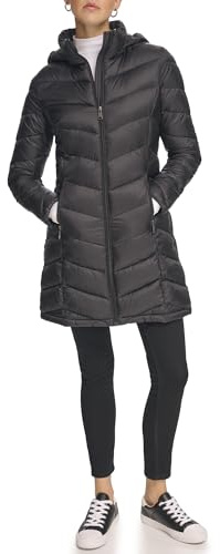Calvin Klein Damen Langärmeliger Puffermantel mit Kapuze und Reißverschluss Vorne Daunenmantel, Leichtes Schwarz, XL