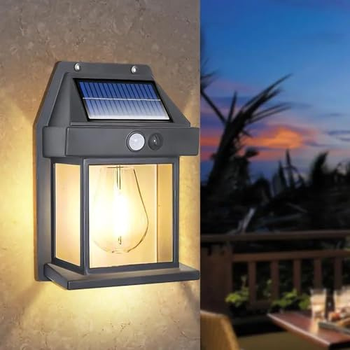 KAELA 2x Applique Lampada da parete per esterni con lampadina filamento a led luce calda con ricarica ad energia solare crepuscolare e sensore di movimento - Varie Colorazioni