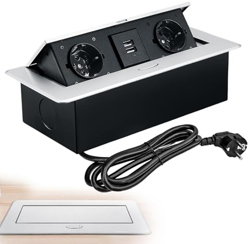 Vegena Presa da tavolo USB, presa multipla retrattile, multipresa retrattile con 2 porte USB, presa da incasso retrattile, per piano di lavoro, cucina, officina (argento)