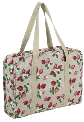 Hobby Gift Projektkoffer – Aufbewahrungstasche zum Nähen, Basteln, Stricken für Unterricht und Reisen, 3 Kunststoffeinsätze für Zubehör und Organisation – 100% Baumwolle, 34 x 28 x 12 cm – Erdbeeren