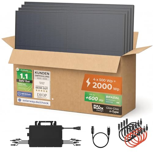 Solarway® Balkonkraftwerk 2000W – Komplettset mit neuestem Hoymiles HiFlow 2000 PRO Wechselrichter – 4× 500Wp bifaziale Full Black Solarpanels – Mini PV Anlage für Steckdose inkl. Zubehör
