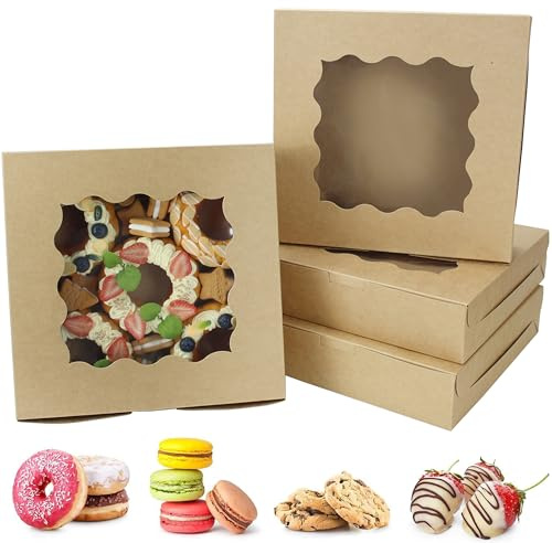 YankMooM 10 Stück Kraft-Kuchenboxen mit Fenster, 25,4 x 25,4 x 6,3 cm, braune Bäckerei-Boxen aus Karton, Keksboxen für Kuchen, Erdbeeren, Donuts, Muffins, Macaron