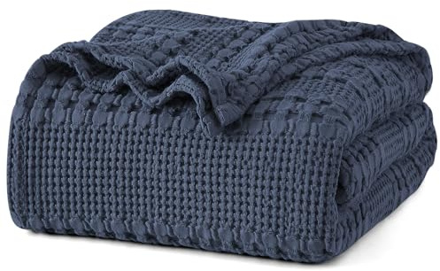 PHF 100% Cotton Waffle Weave Bedding Blanket King Size for Bed, Lightweight Washed Cotton Blanket - 108''x90'' Aesthetic Soft Woven and Breathable Blanket for Sofa Home Decor - Dark Navy