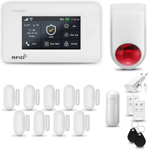 HUXGO® HXA006 Funk Alarmanlage Set WiFi + GSM mit Alarmsirene | Alarm System mit Bewegungsmelder, 9X Fensteralarm/Türsensoren | Alarmanlage fürs Haus, Wohnung | Smart Home