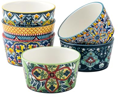 HENXFEN LEAD Soufflé Ramekins Set de 6, 175ml Creme Brulee Dish Set, Pequeños Ramekins en Colorido para Deliciosa Carne Especiada, Ragout Fin, y Pudding - Bohemian Style
