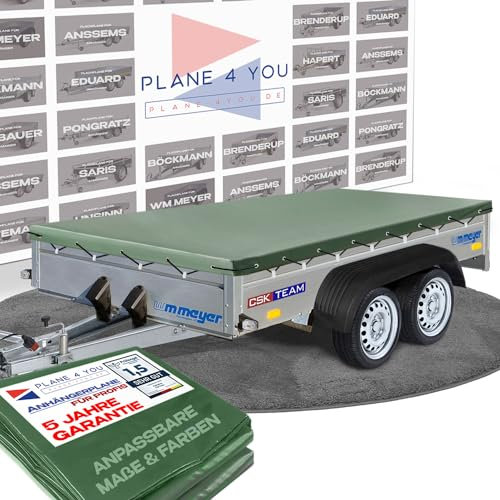 Hochwertige WM Meyer 237 x 147 cm Anhängerplane - wasserdichte PKW Anhänger Plane nach Maß - Bronzegrün MATT - Oliv grün - Tarnplane - Bundeswehr