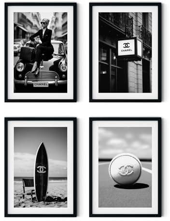 MJ-GRAPHICS® - Mood Poster Set Coco Schwarz-Weiß - Bilder Wohnzimmer Deko Schlafzimmer - Glamour Lifestyle Mode Wandposter - 4xA4 Art Kunstdruck - Oldtimer Surfen Mode Fashion, Vintage - ohne Rahmen