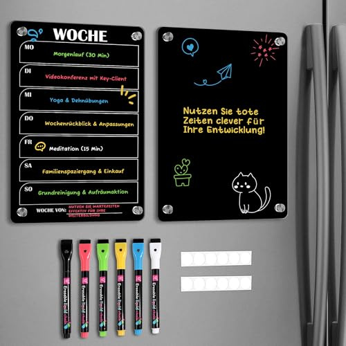 BIROYAL 2er Set Wochenplaner Abwischbar(30 × 20cm) - Magnettafel Kühlschrank Acryl mit 6 Markers für To-do Listen, Essensplaner und Einkaufsliste - Deutsch