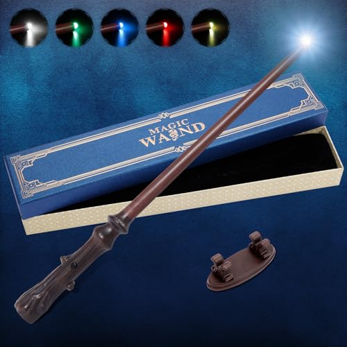 CharmFields Light Up Magic Wizard Wand with 5 Static Light Color, Rechargeable Illuminating Resin Witch Wand for Kids Collection Cosplay, with Mini Stand Display, Trunk