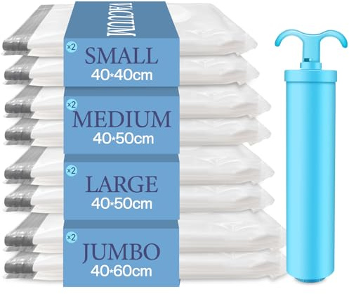 Bolsas de vacío Vacbird para ropa con bomba manual, 8 piezas (2 extragrandes/2 grandes/2 medianas/2 pequeñas), bolsas de vacío reutilizables para ropa adecuadas para viajes, almohadas, ropa de cama