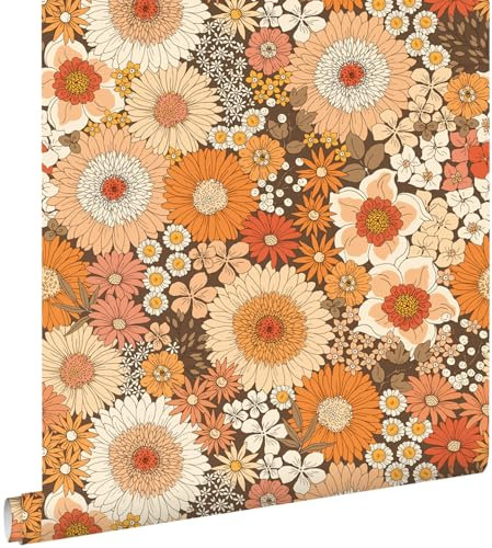 papier peint fleurs rétro orange et rose terracotta 50 x 900 cm - ESTAhome
