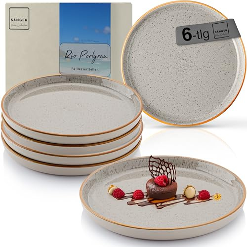 SÄNGER Rio Perlgrau Dessertteller 6 teilig, Steingut Frühstücksteller | 6 Personen, Kuchenteller spülmaschinenfest mikrowellenfest multifunktional, Steingut Geschirr grau VALUE COLLECTON