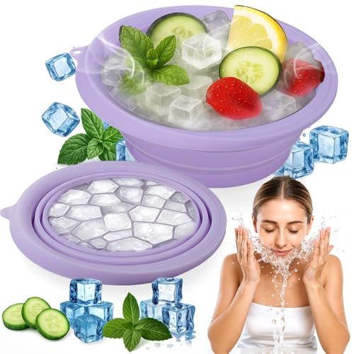 XANGNIER Face Bowl for Ice with Built-In Ice Tray – Collapsible Silicone Facial Ice Bath Bowl for Cold Plunge Therapy, Skin Tightening & Acne Relief – Purple Portable Spa Tool for Home & Travel