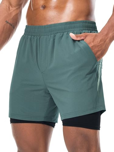 Danfiki löparshorts för män, 2 i 1 gym, sport, träning, andningsbara, utomhusträningsshorts med fickor, BLÅ, M
