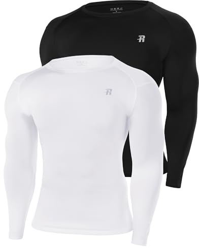 Runhit 2 Pack Mens Long Sleeve Compression Top, Crew Neck Sports Base Layer Shirts UPF 50+ UV, Quick Dry Men's Undershirt for Motorcycle Rugby, Black+White L